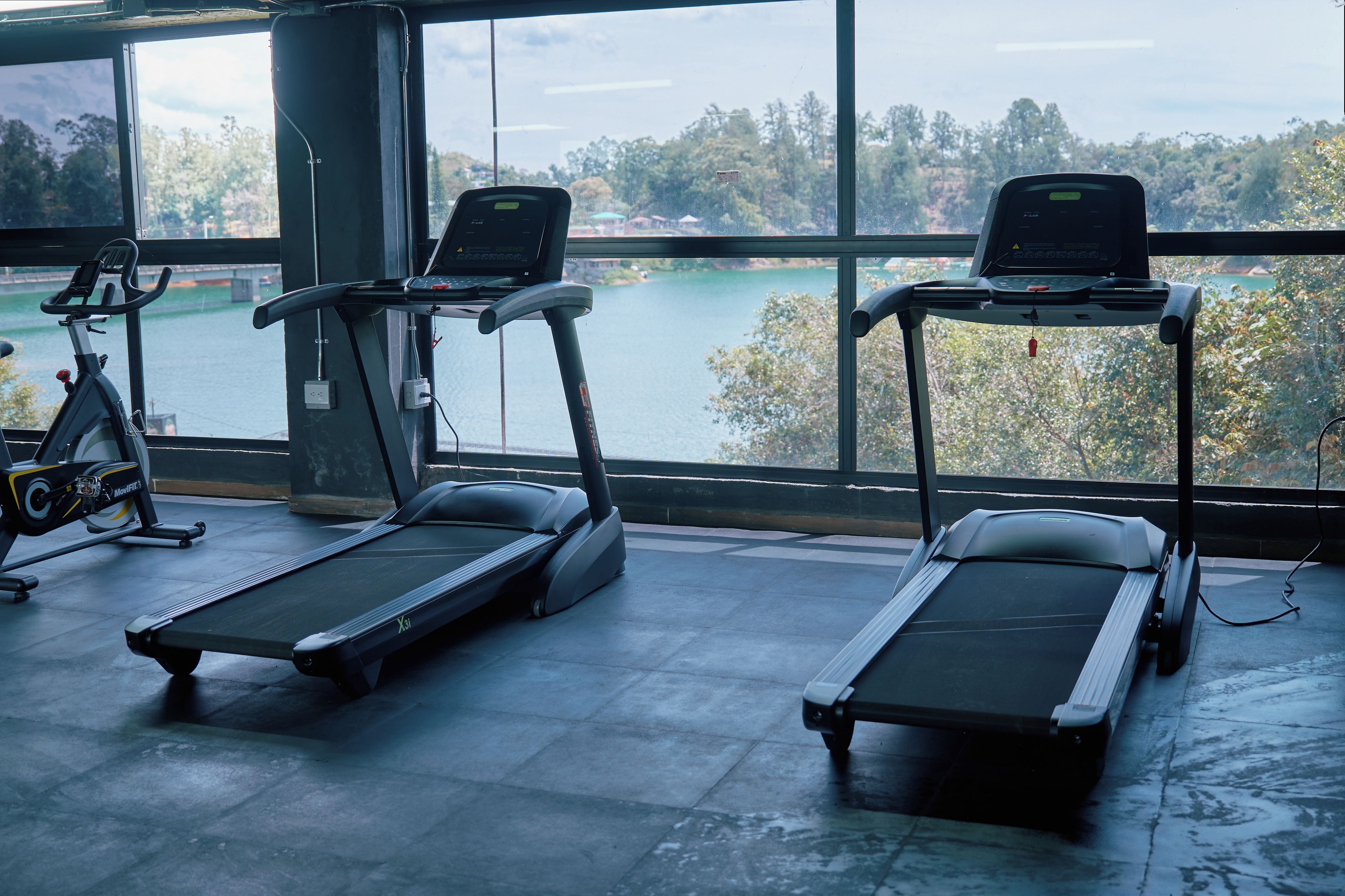 Uma academia com esteiras e bicicletas ergométricas, grandes janelas com vista para um lago e árvores.