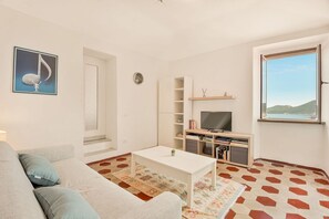 A living room with a sofa, a coffee table, a TV, and a bookshelf. - [SanVenerio] Sea view 5 TERRE (La Spezia)