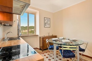 A compact kitchen with a gas stove, a sink, and a window offering a view of greenery. - [SanVenerio] Sea view 5 TERRE (La Spezia)
