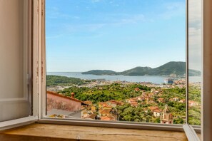 A coastal town view from a window, with buildings, greenery, and a body of water in the distance. - [SanVenerio] Sea view 5 TERRE (La Spezia)