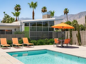 Ein Swimmingpool mit Liegestühlen und einem Sonnenschirm, umgeben von Kakteen und Palmen.