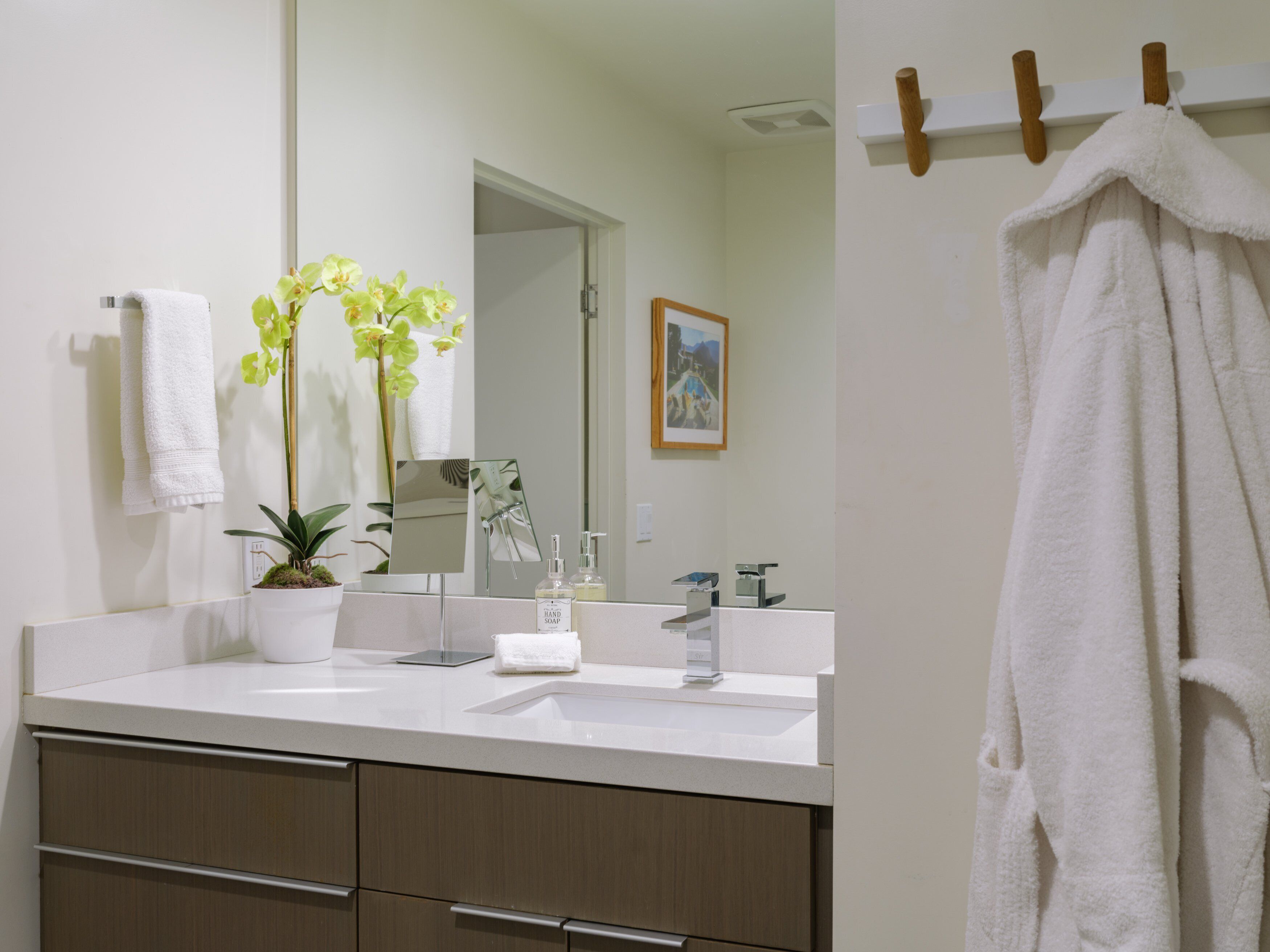 Une salle de bain avec un lavabo blanc, un miroir, un porte-serviettes, une plante en pot et un tableau encadré au mur.
