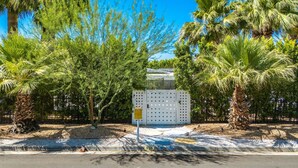 A street lined with palm trees and a fenced area with a utility box. - Welcome to a Vibrant Retreat Located in Palm Springs' Historic El Mirador Neighborhood (Palm Springs)