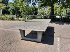 A concrete bench with a metal top in a park with trees and a paved ground.