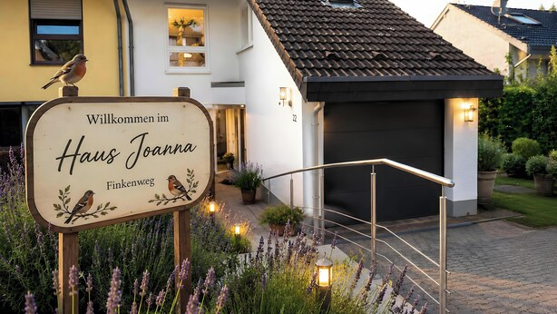 Cartell de benvinguda amb una il·lustració d'un ocell, l'entrada d'una casa i una escala amb il·luminació exterior.