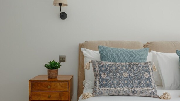 Quarto com cama, almofadas, mesa de cabeceira com planta e luminária na parede.