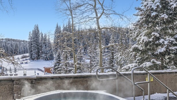 Een jacuzzi met uitzicht op een besneeuwd landschap en bomen.