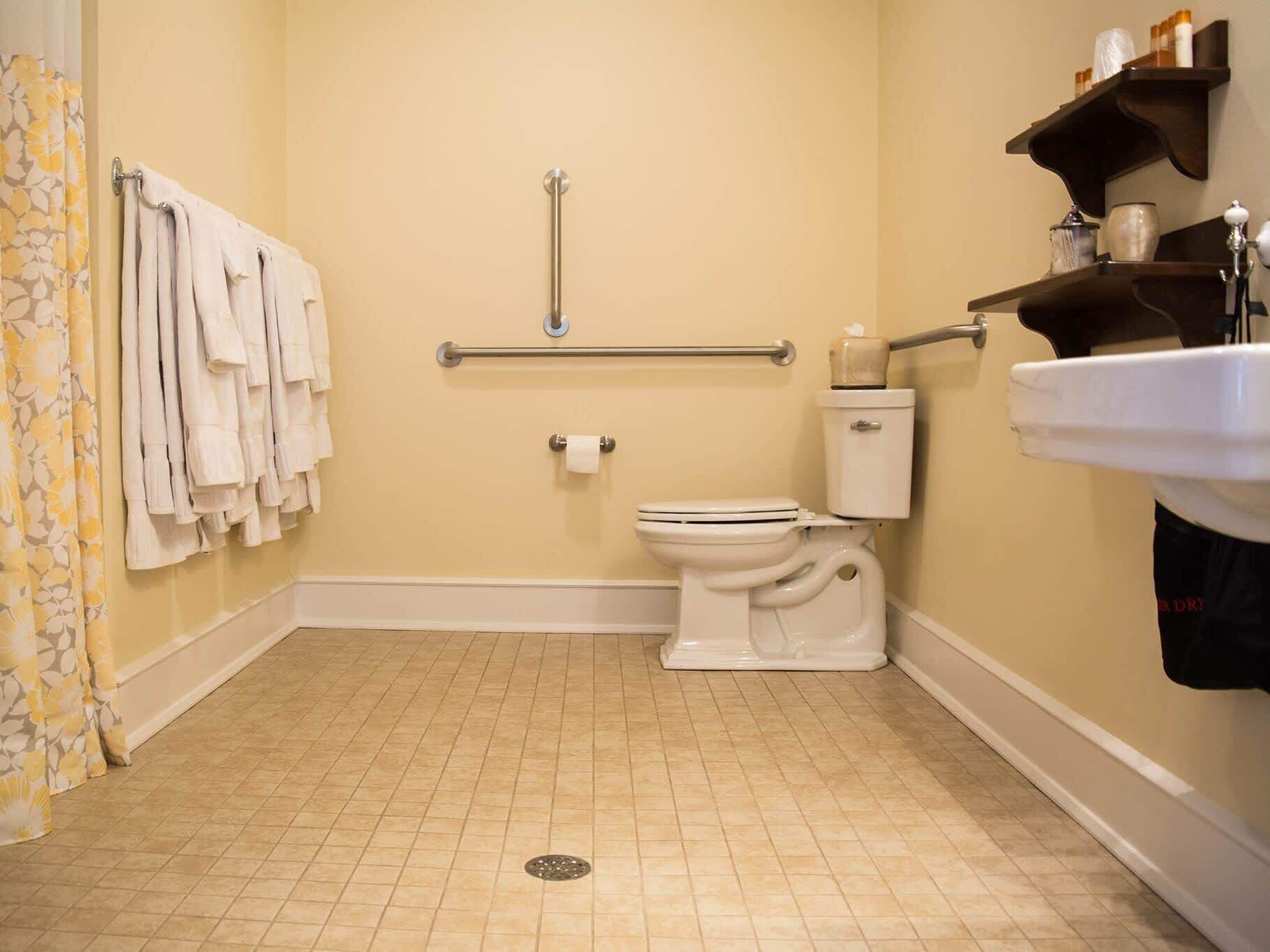 Et badeværelse med toilet, gelænder, vask og bruseforhæng.