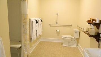 Shower, hair dryer, towels, shampoo