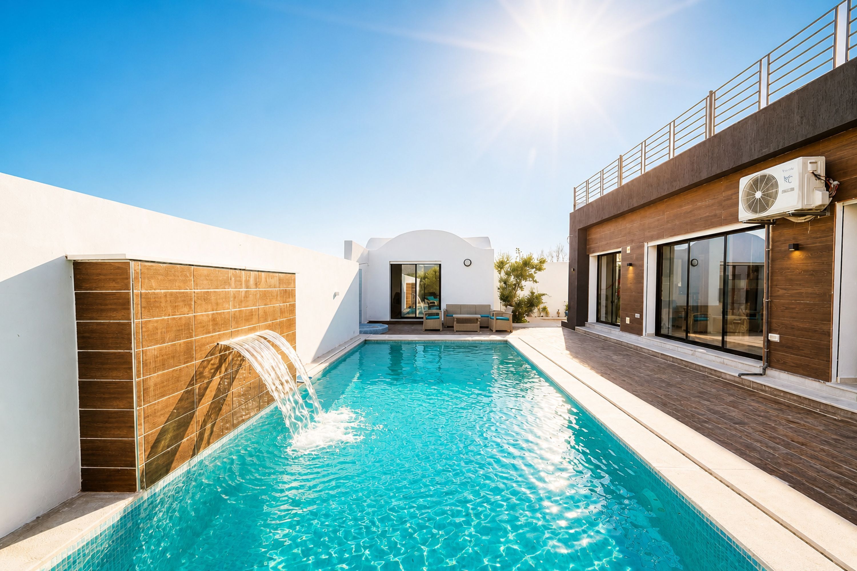 A swimming pool with a waterfall feature, a sunlit outdoor seating area, and a modern building facade.