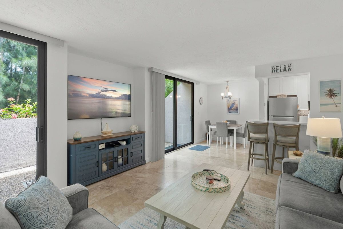 Bright, comfortable living space designed for relaxing after a day at the beach