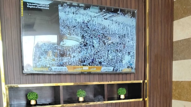 A television mounted on a wooden wall with a live feed of a crowd. Below, there are shelves with potted plants and a white console with drawers. - Iris Life (JEDEEA)