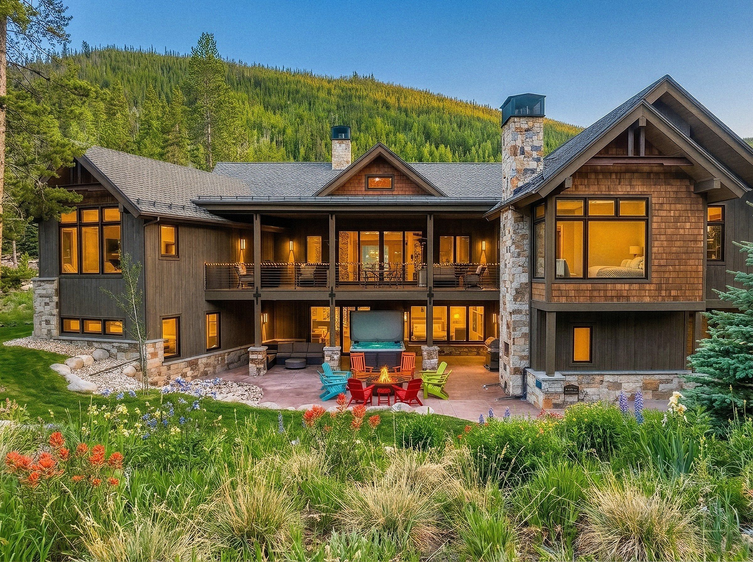 A large, two-story lodge with a stone facade, multiple windows, and a patio area with outdoor seating.