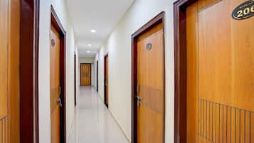 A corridor with wooden doors, each marked with a number.