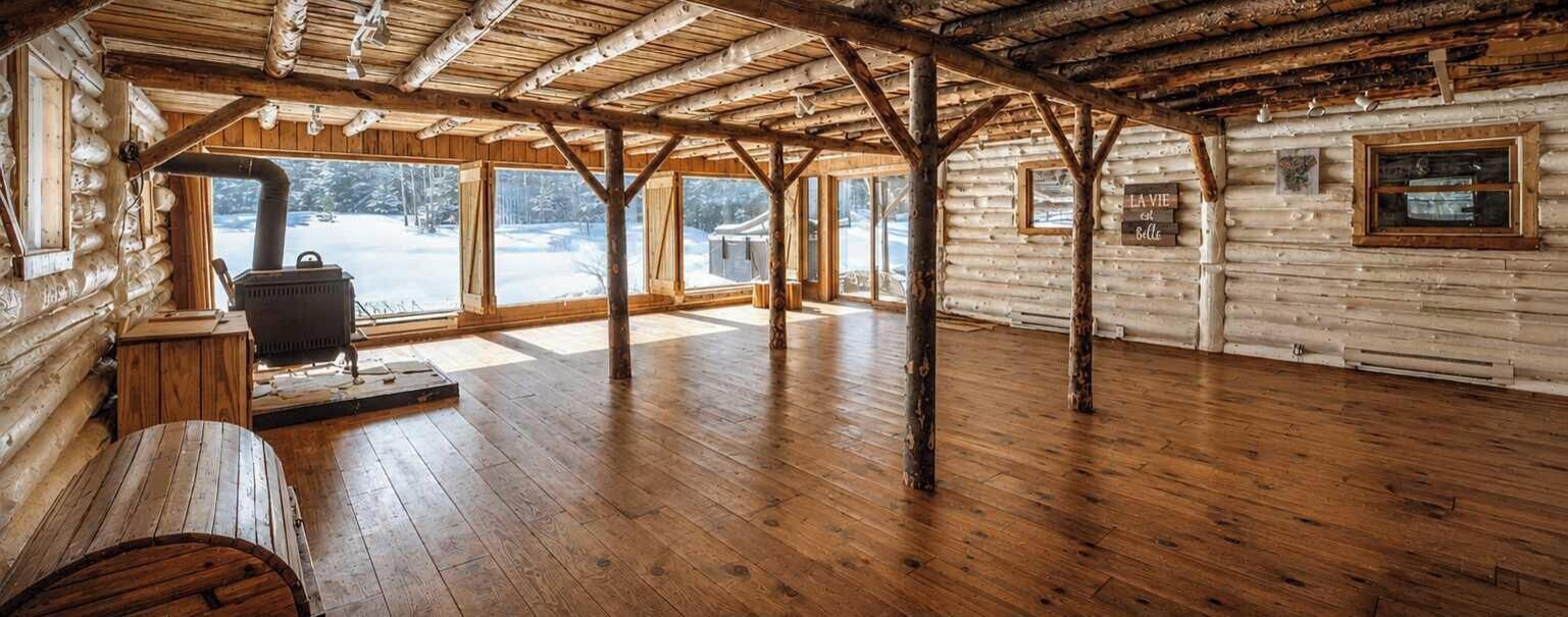 Ein Holzblockhaus-Interieur mit Holzboden, Kamin und großen Fenstern mit Blick auf eine verschneite Landschaft.