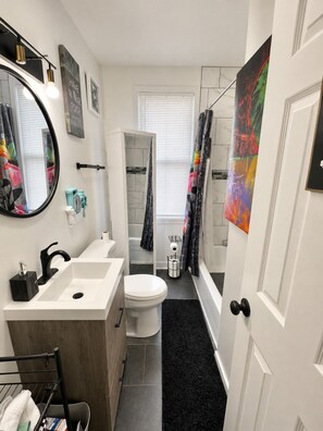 Hair dryer, towels, soap, toilet paper