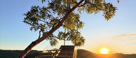 A wooden deck with a glass balustrade overlooking a forested landscape at sunset.