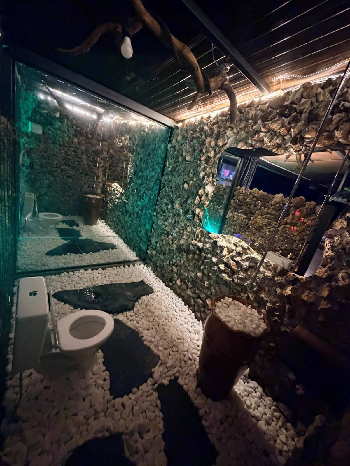 Un baño con un diseño único que incluye una pared de piedra, cabina de vidrio y un inodoro moderno.