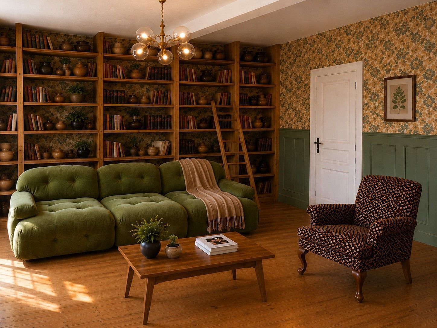 Een gezellige woonkamer met een groene bank, een fauteuil met dessin, een houten salontafel en een boekenkast vol boeken en decoratieve objecten.
