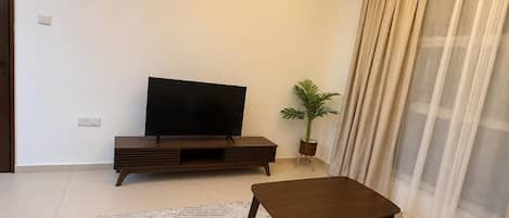 A living room with a flat-screen TV on a wooden stand, a small table, a patterned rug, a potted plant, and a large window with curtains.