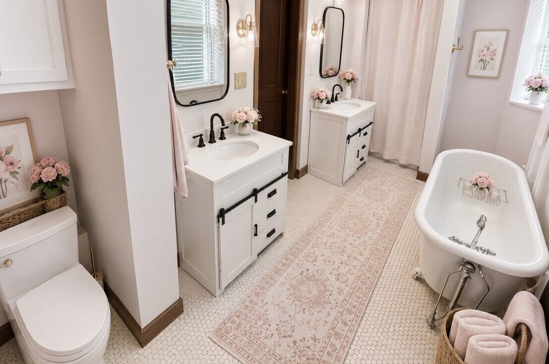 A bathroom with a toilet, two sinks, a bathtub, and a rug.