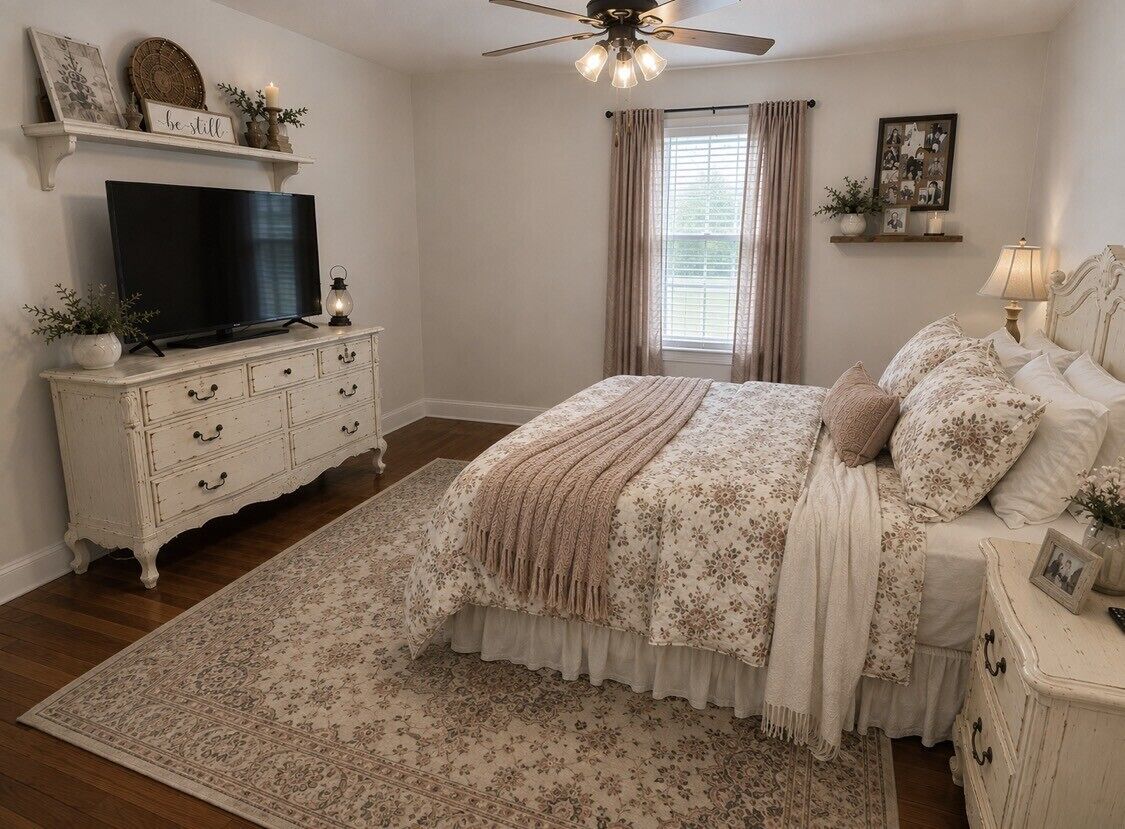 A bedroom with a bed, dresser, television, and a ceiling fan.