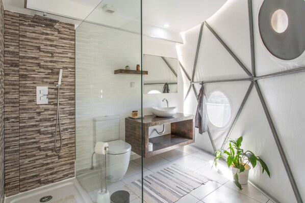 A modern bathroom with a glass shower enclosure, a toilet, a sink with a vessel basin, and a mirror.