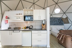 Una kitchenette compacta con microondas, tostadora, hervidor y un lavamanos pequeño.