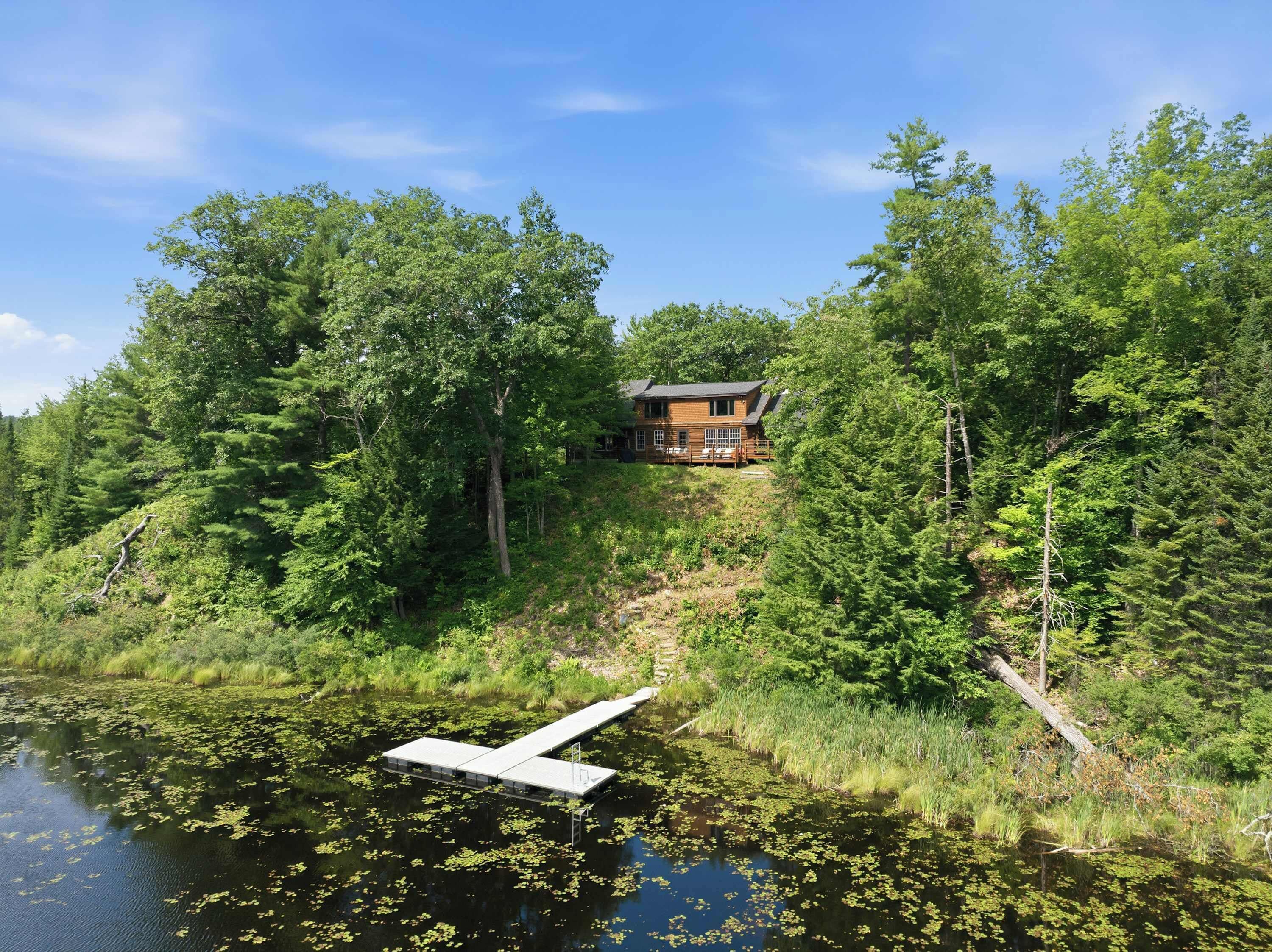 A cabin surrounded by dense forest, a dock extending into a lake with lily pads, and a clear sky.