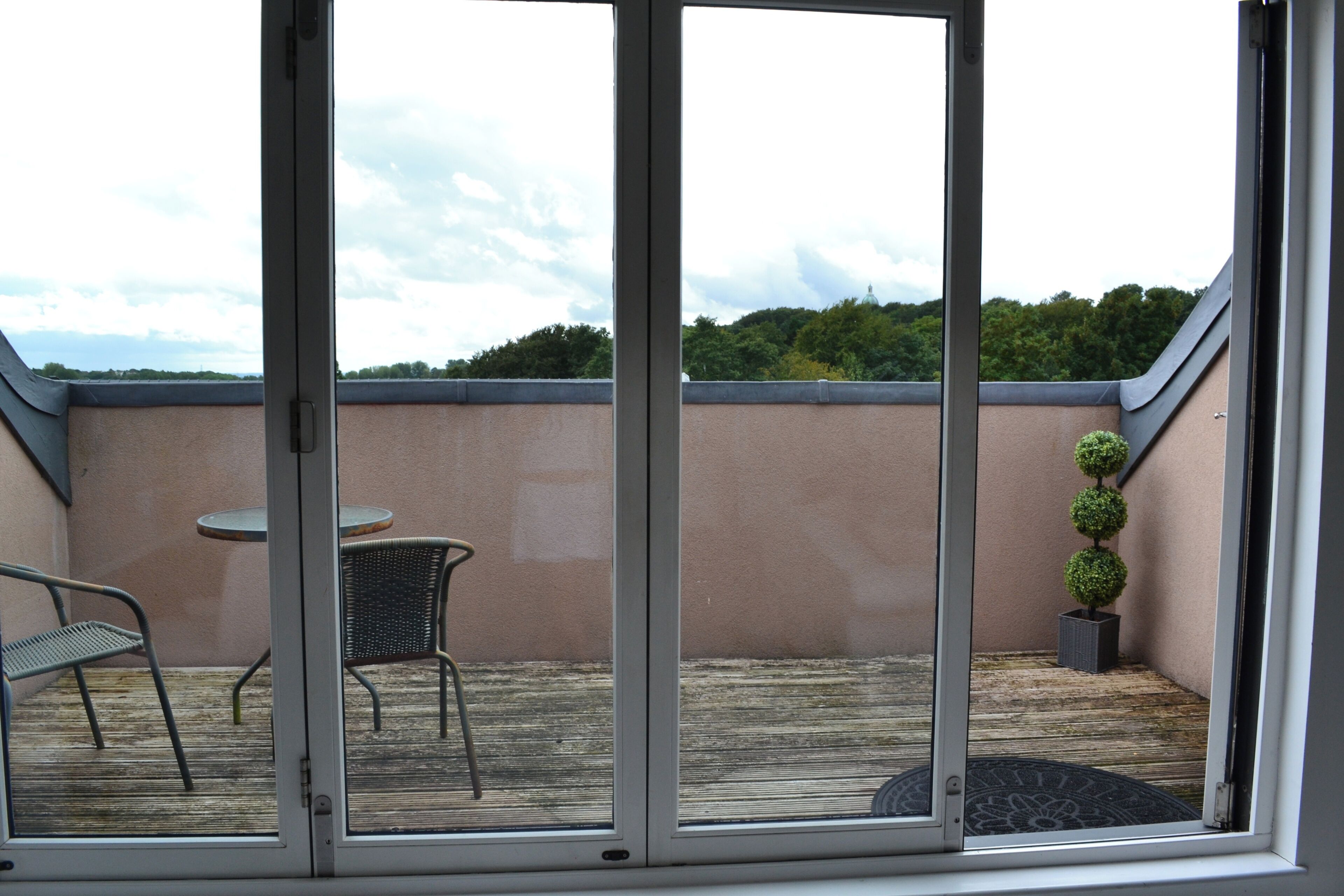 A covered patio area with a table and chairs, a small potted plant, and a view of a green landscape.