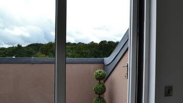 Una habitación con una puerta de cristal corredera que da a un balcón con piso estampado, una pequeña planta en maceta y vistas de un paisaje verde.