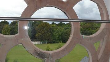A window with a circular architectural design.