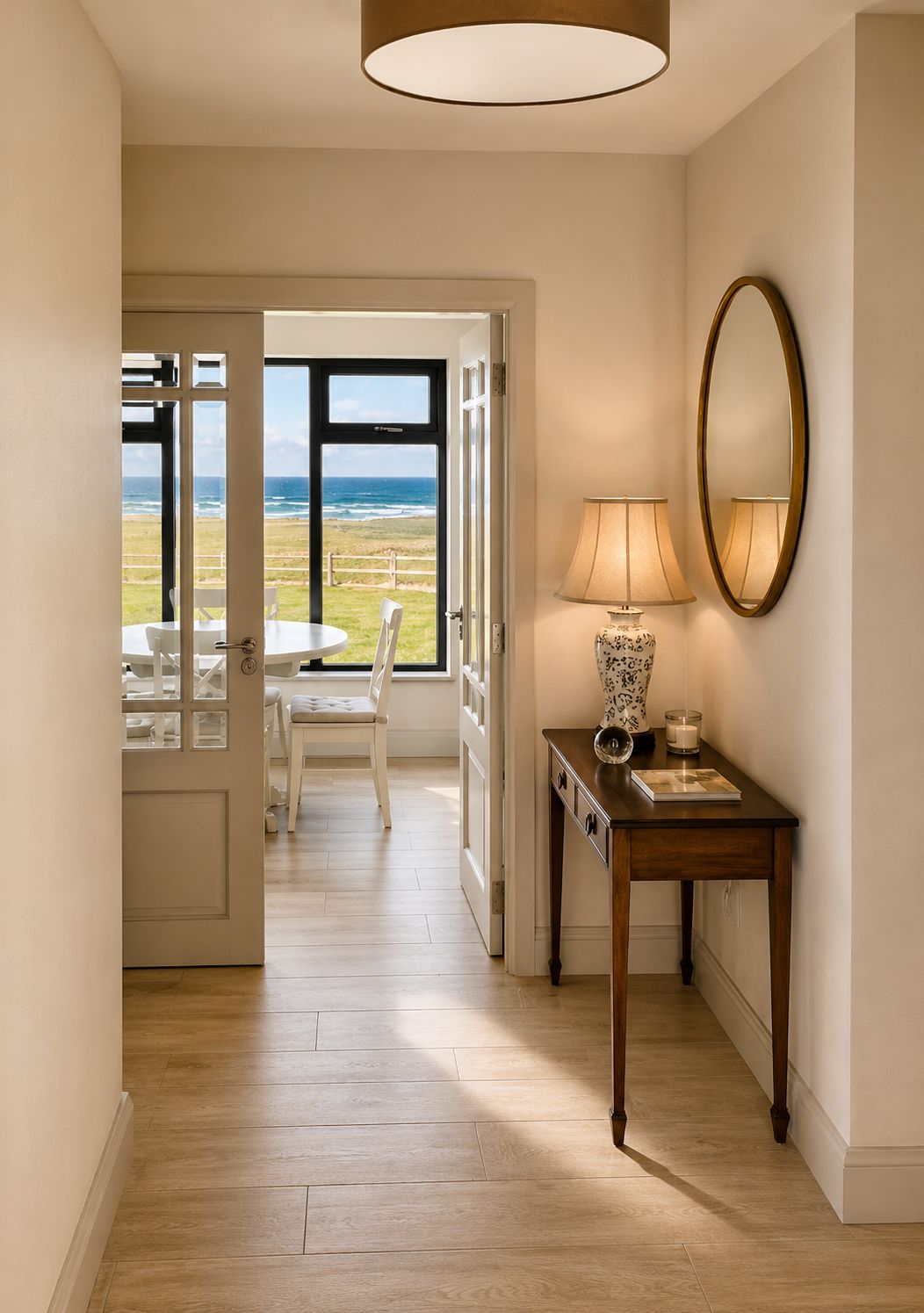 Um corredor com piso de madeira, uma mesa com luminária, um espelho e vista para o oceano por uma porta aberta.