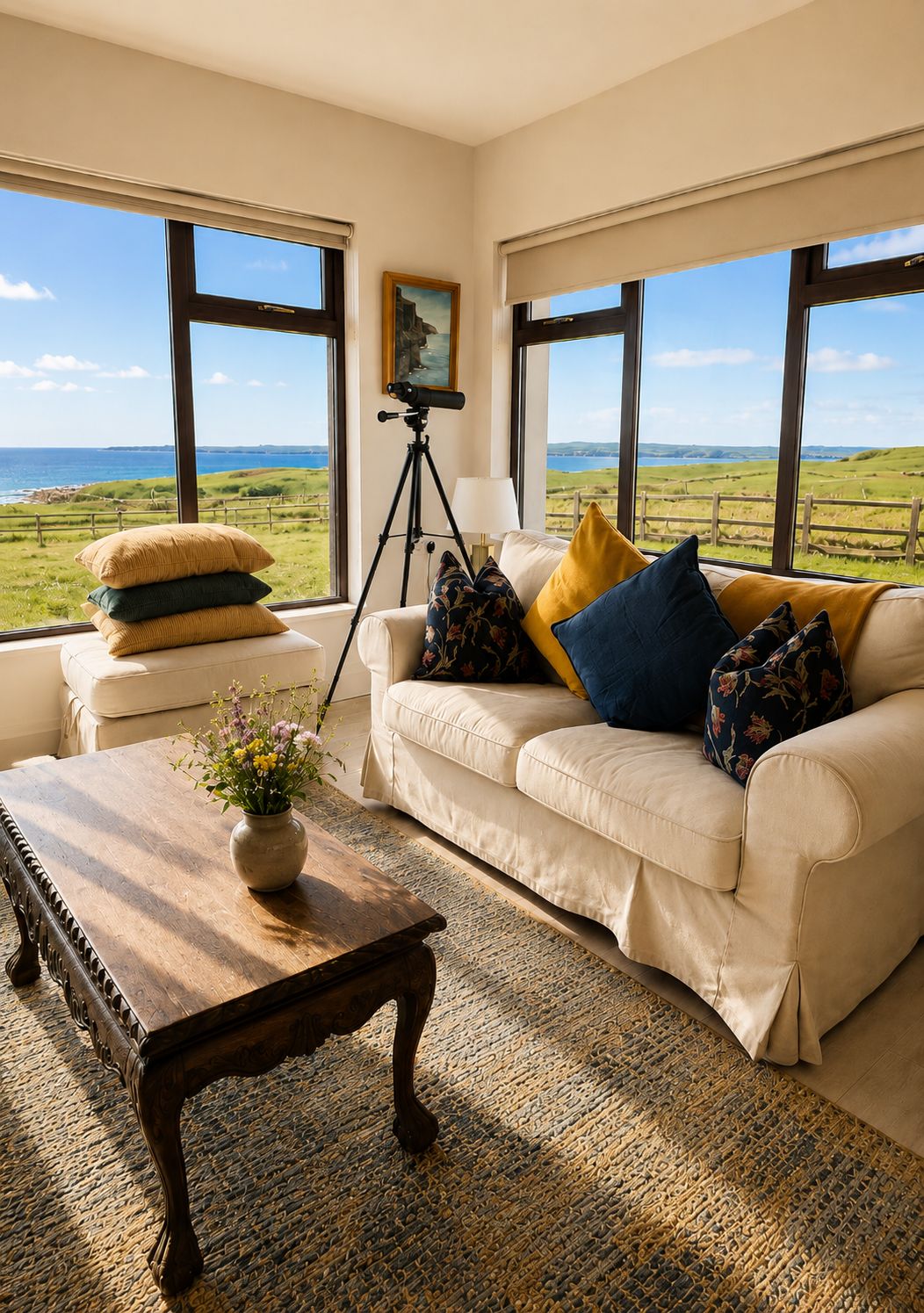 A living room with a view of the sea, a tripod, and a sofa with cushions.