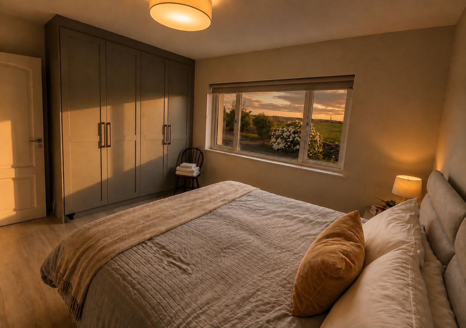 A bedroom with a large bed, a wardrobe, a window with a view, and a chair with towels.