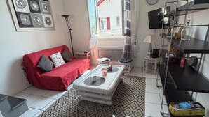 Ein Wohnzimmer mit einem roten Sofa, einem gemusterten Teppich, einem Couchtisch, einem Fernseher auf einem Regal und Blick ins Freie.