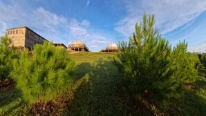 A landscape with two dome-shaped buildings and a pathway leading to them.