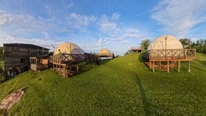 A series of dome-shaped tents on a grassy slope with wooden structures nearby.
