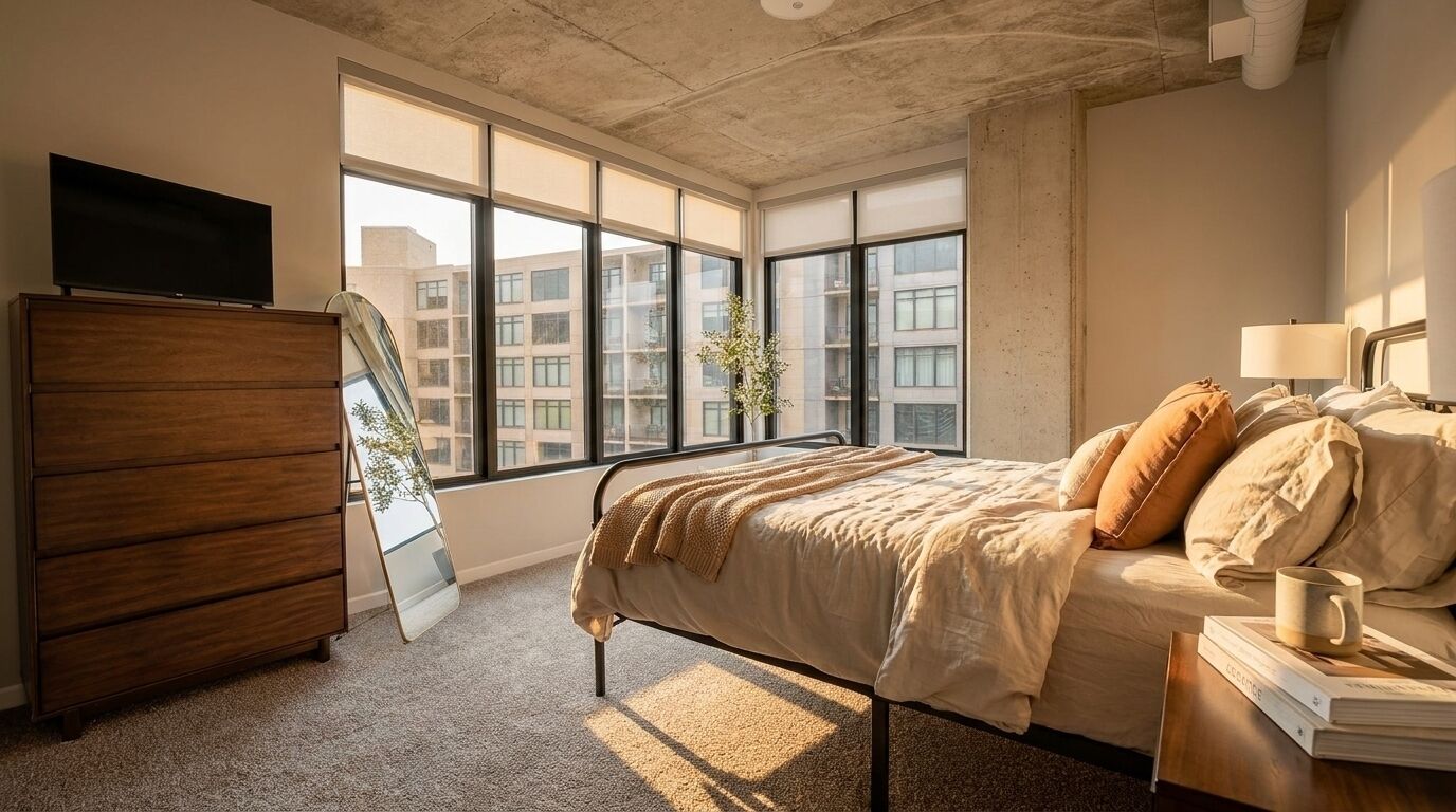 A bedroom with a bed, a dresser, a TV, and a window with a view of buildings.