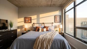A bedroom with a bed, bedside tables, a television, and a window with a view.