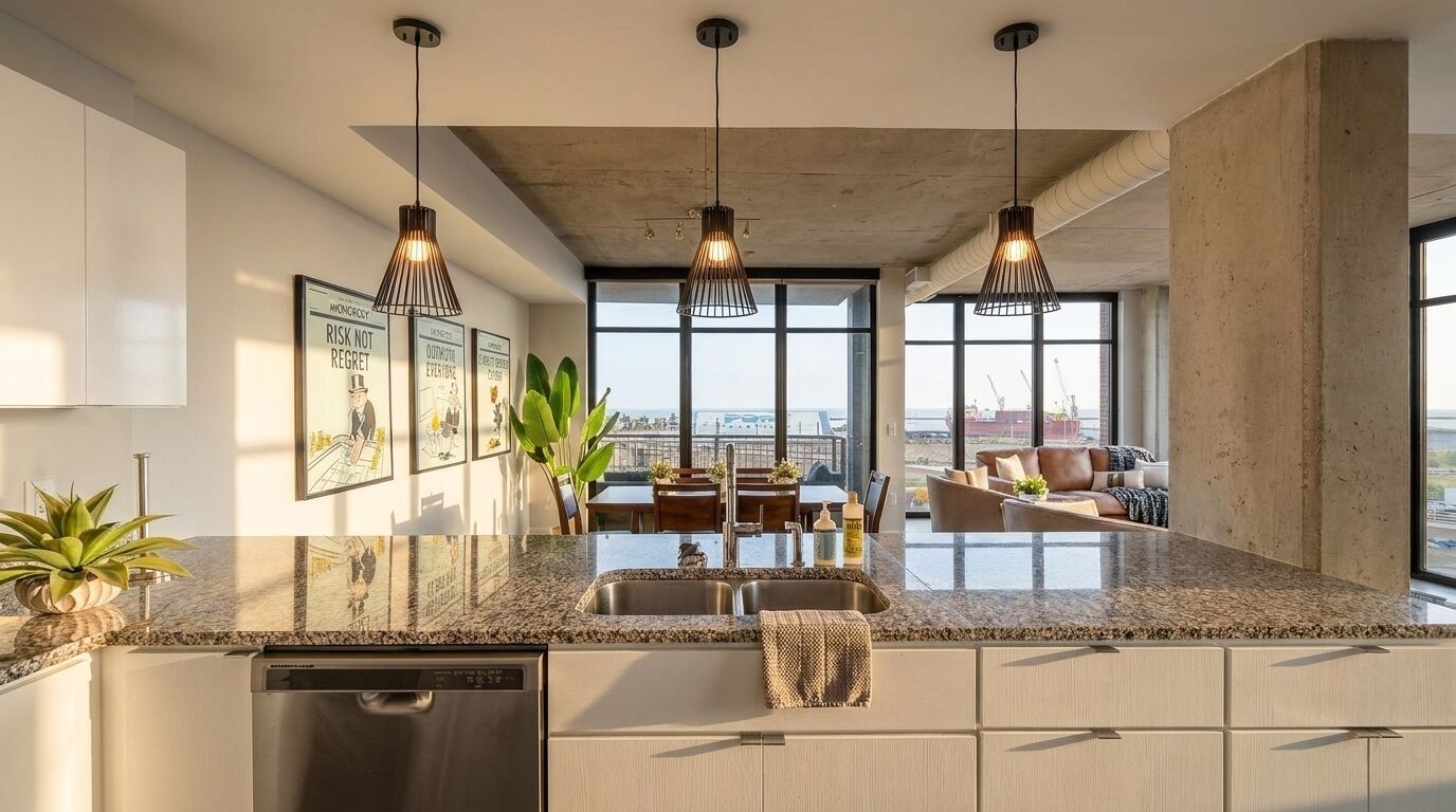 A modern kitchen with a granite countertop, stainless steel appliances, pendant lighting, and a view of the city through large windows.