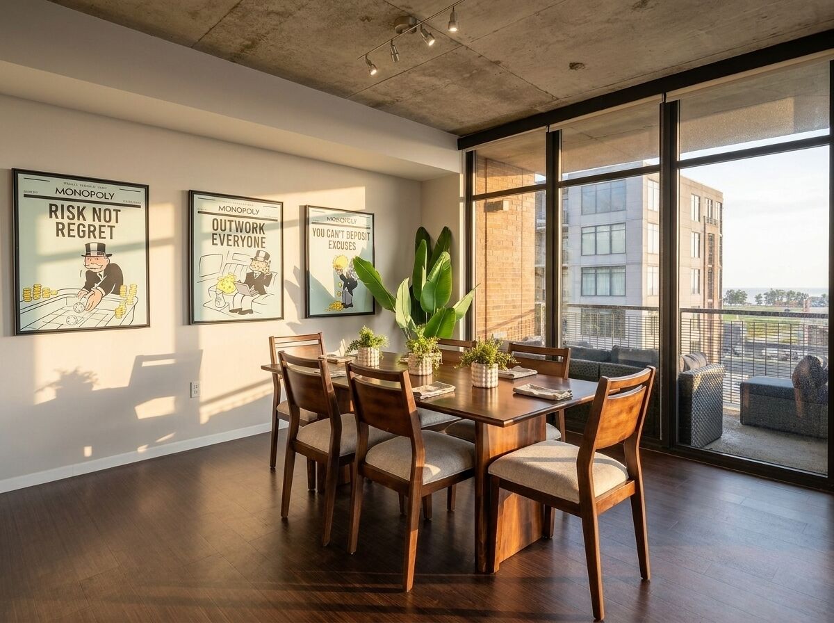 A dining area with a wooden table and chairs, surrounded by large windows offering a view of the city.