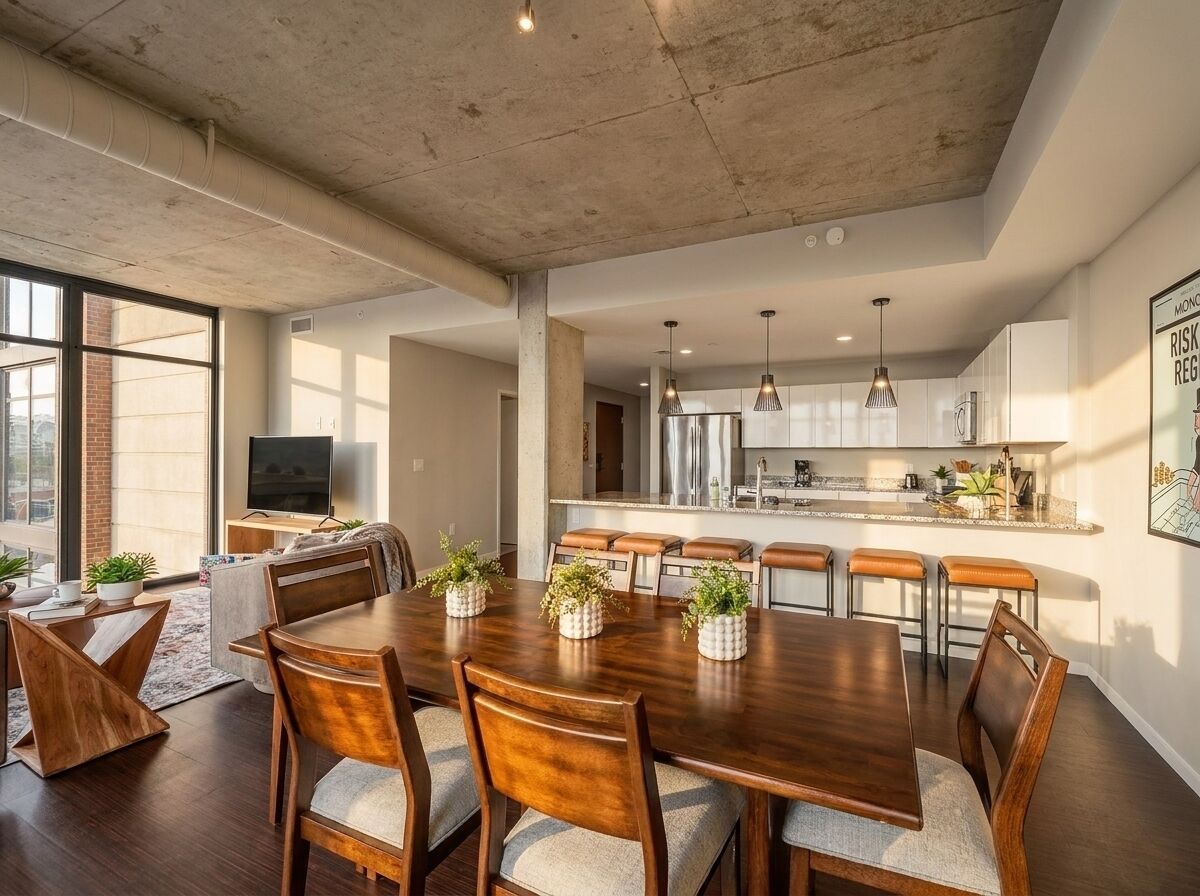 A modern kitchen with a large island, bar stools, and pendant lighting.