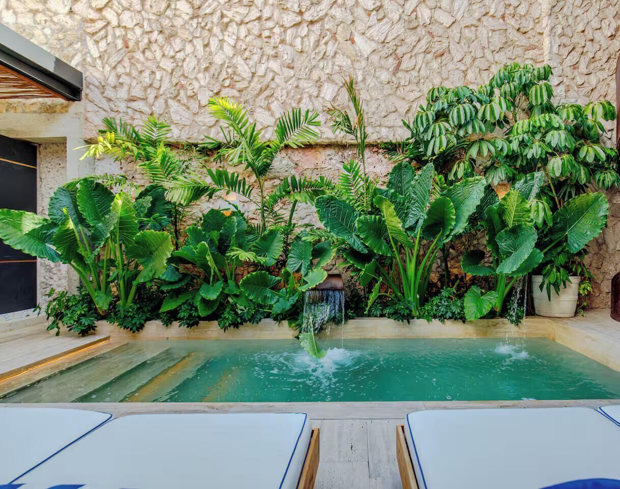 A pool area with a stone wall and lush tropical plants.