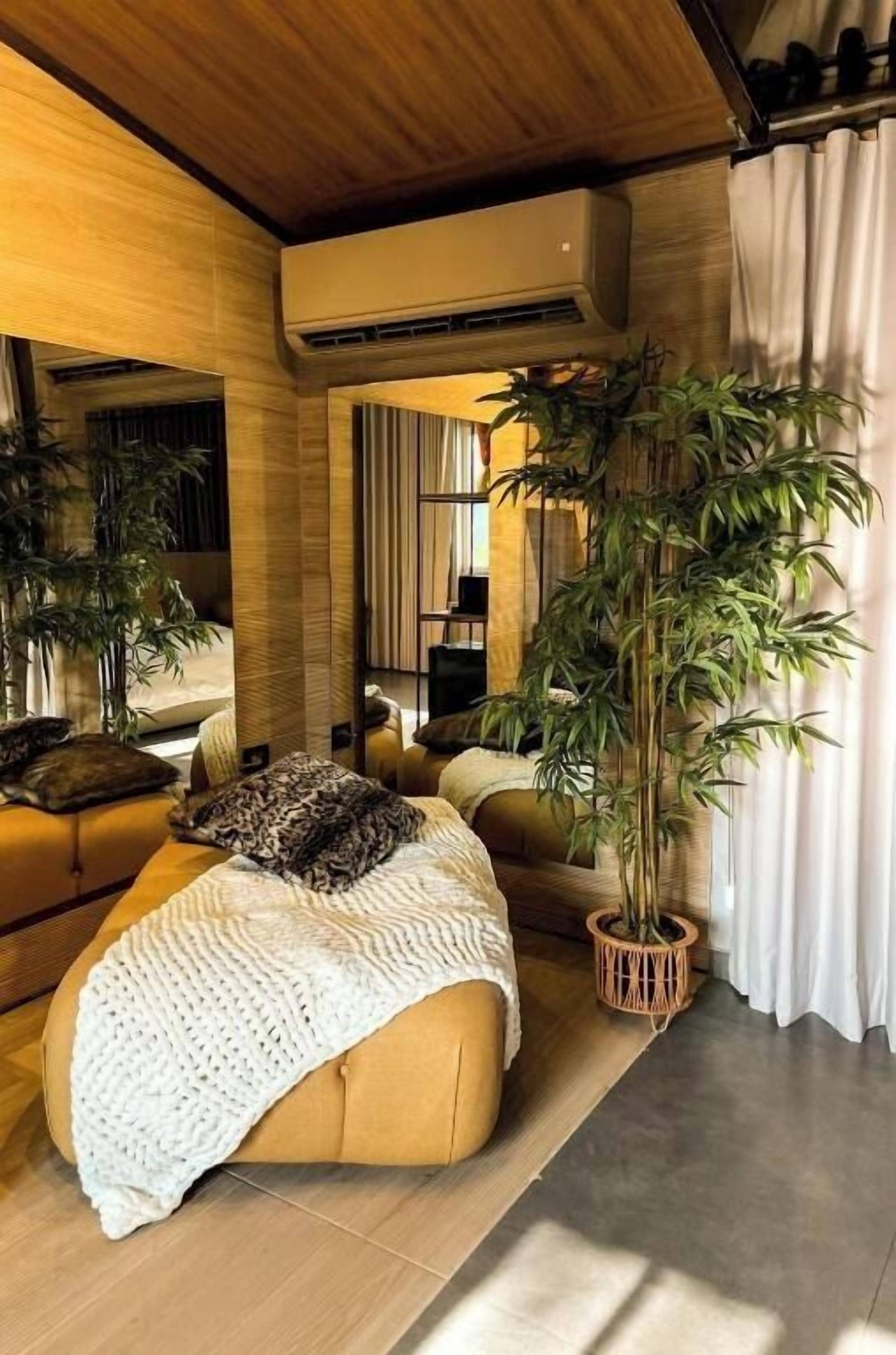Ein modernes Wohnzimmer mit einer Couch, einer großen Kübelpflanze und einer Holzbalkendecke.