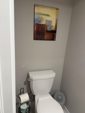 A bathroom with a toilet, a roll of toilet paper, and a trash bin.