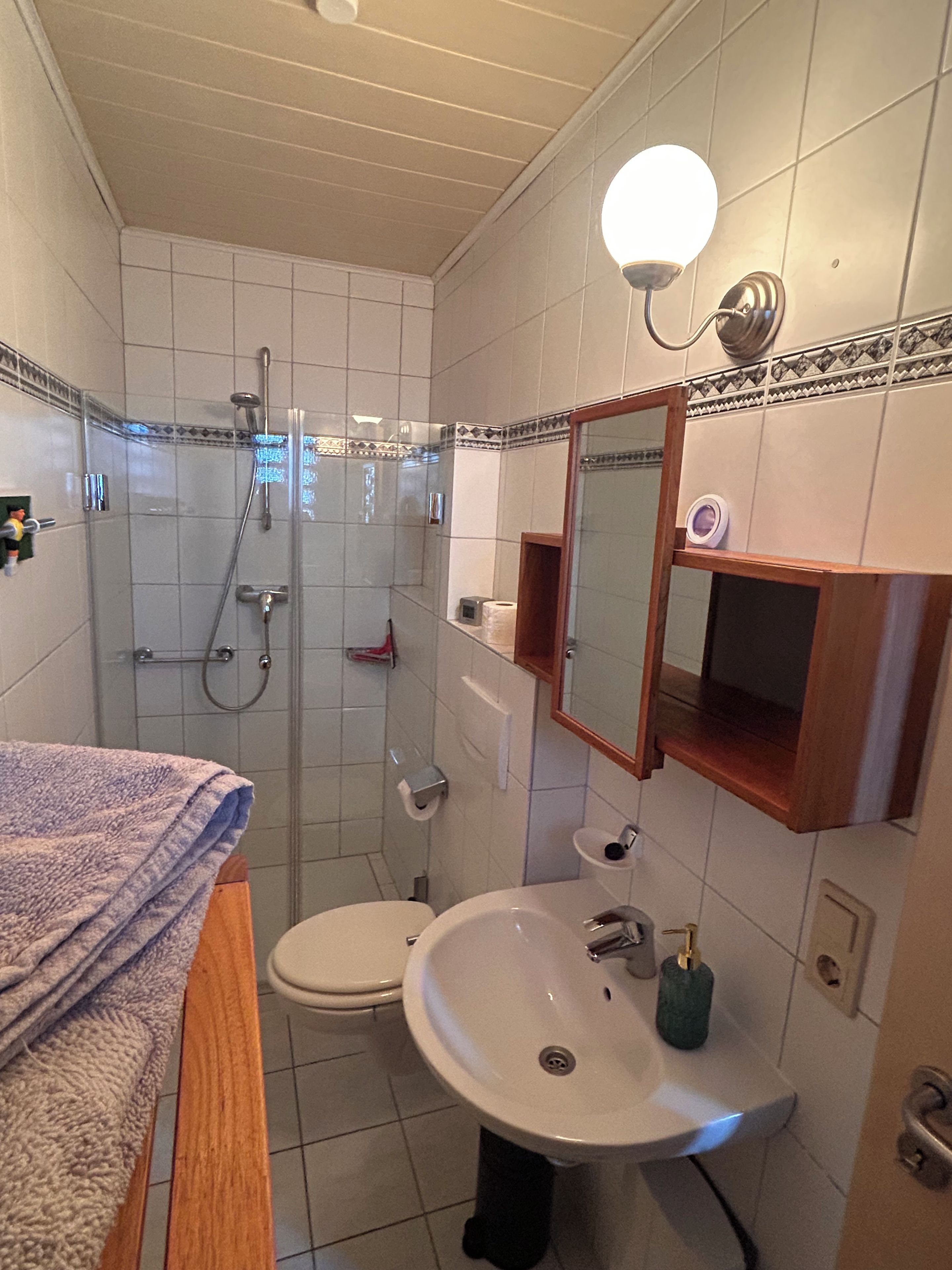 Ein Badezimmer mit Dusche, Toilette, Waschbecken und Spiegel.
