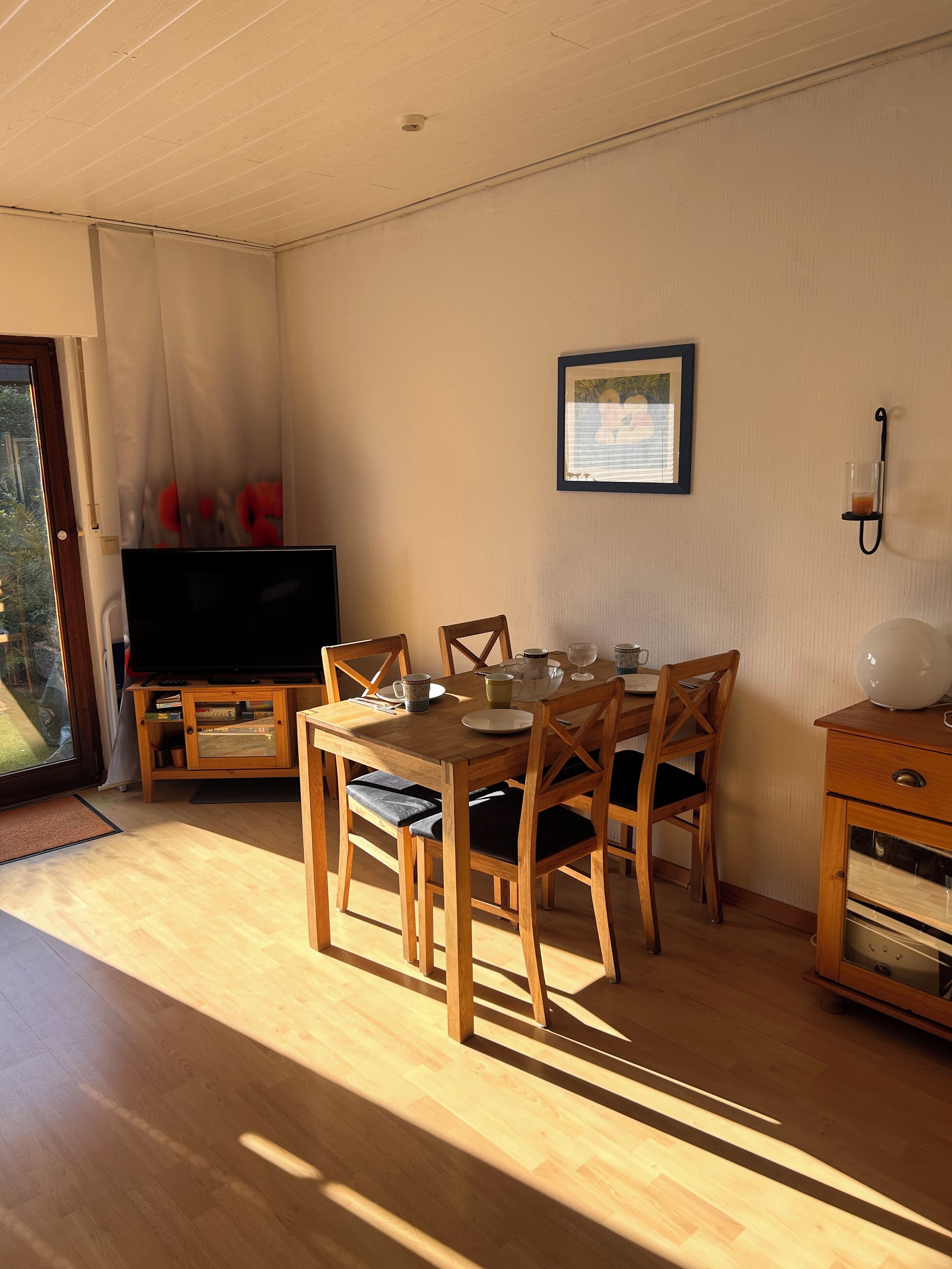 Zona pranzo con tavolo e sedie in legno, televisione e un mobile contenitore con cassetti.