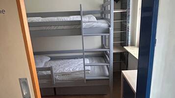 A bunk bed room with a metal ladder, a small shelf, and a purple rug.