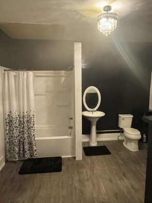 A bathroom with a bathtub, toilet, sink, and a chandelier. - Peaceful 1-bedroom apartment in charming Laramie perfect for getaway. (Laramie)